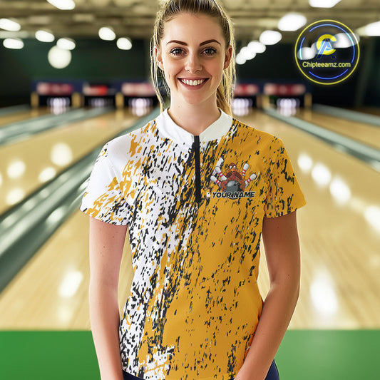 Custom Funny Yellow Thanksgiving Turkey Bowling Women Quarter-Zip Shirts, Bowling Jersey IPHW9766