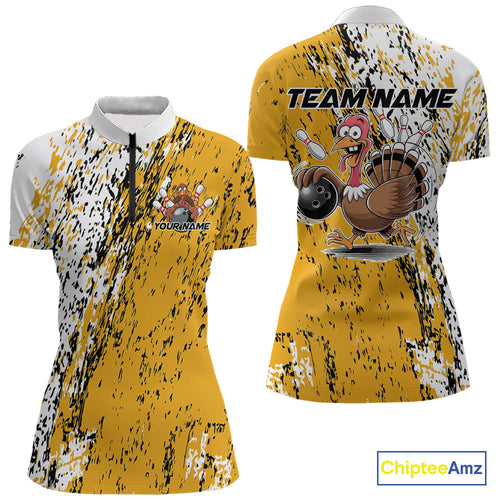 Custom Funny Yellow Thanksgiving Turkey Bowling Women Quarter-Zip Shirts, Bowling Jersey IPHW9766