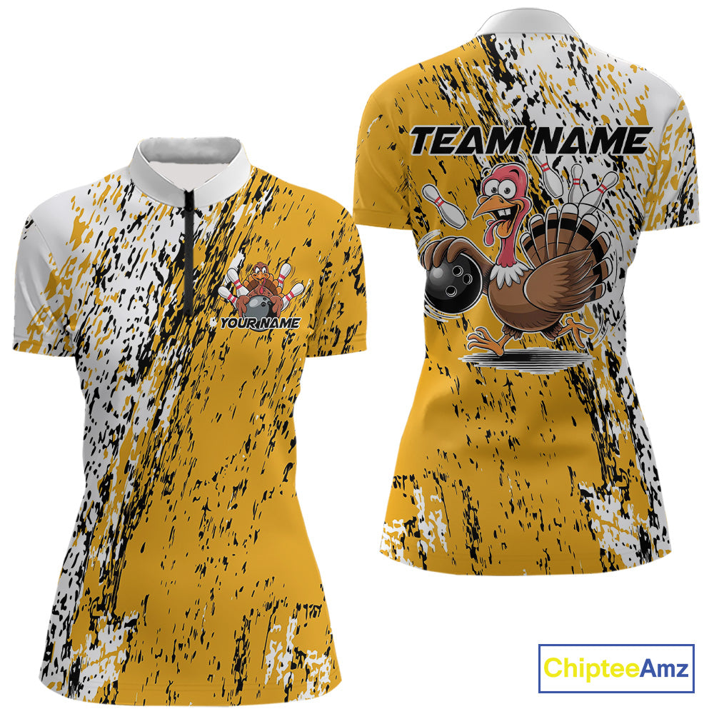 Custom Funny Yellow Thanksgiving Turkey Bowling Women Quarter-Zip Shirts, Bowling Jersey IPHW9766