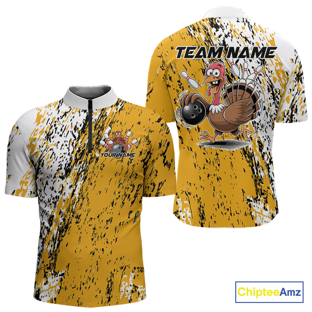 Custom Funny Yellow Thanksgiving Turkey Bowling Men Quarter-Zip Shirts, Turkey Bowling Jerseys IPHW9766