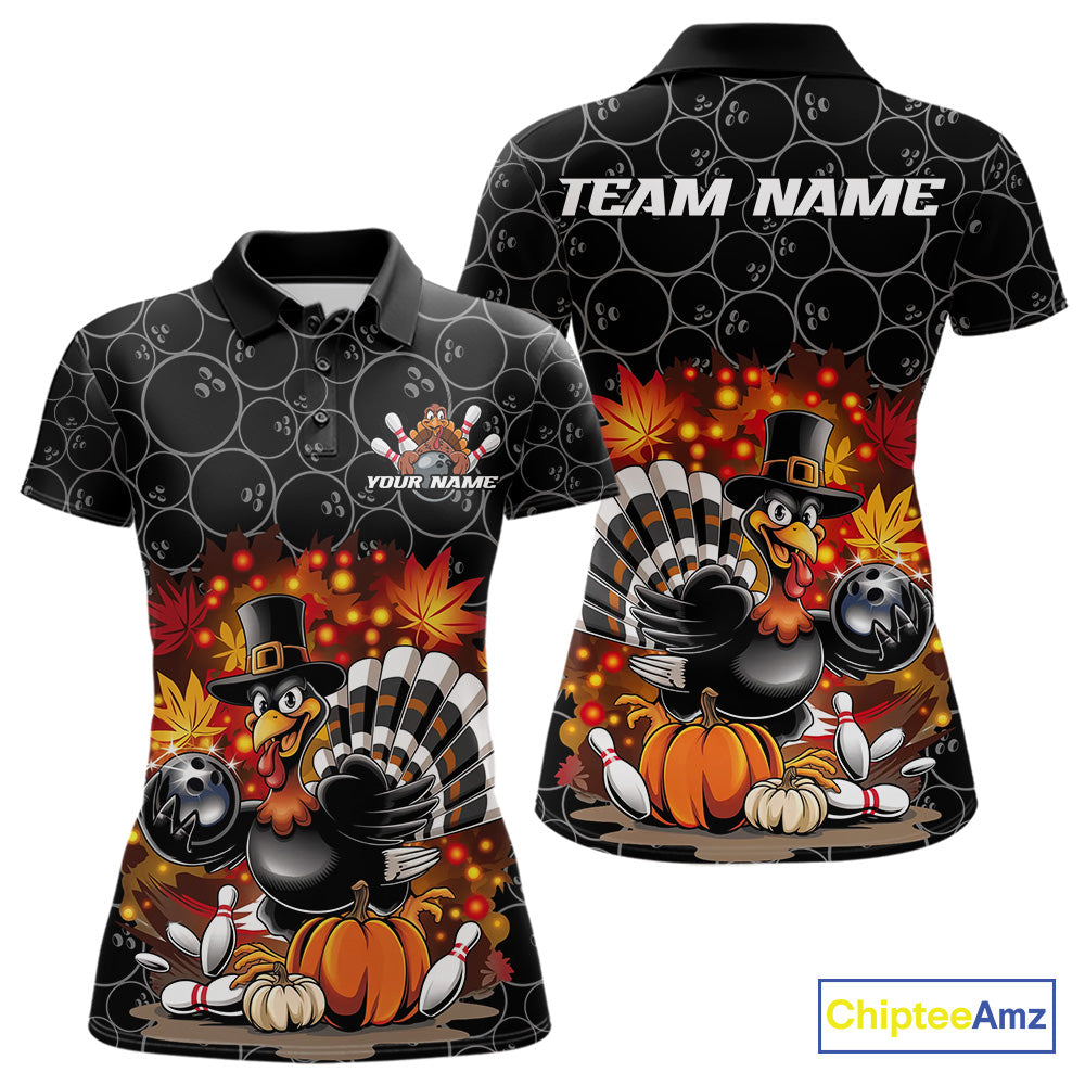 Custom Funny Thanksgiving Turkey Bowling Women Polo Shirts, Autumn Bowling Shirt IPHW9771