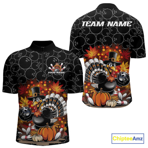 Custom Funny Thanksgiving Turkey Bowling Men Quarter-Zip Shirts, Autumn Bowling Shirt IPHW9771