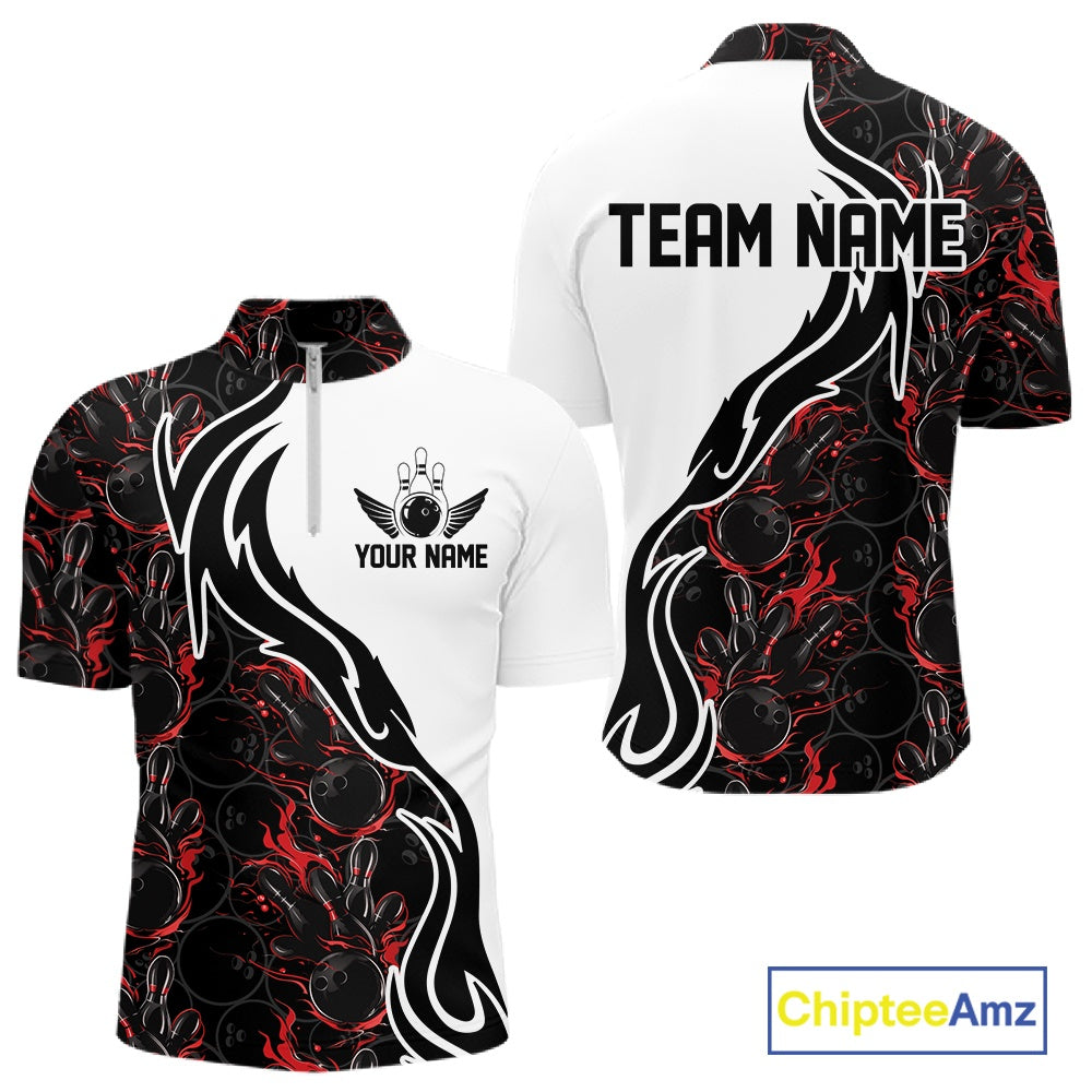 Custom Black And Red Flame Bowling Team Shirts, Bowling League Shirt Men Bowling Jersey IPHW10543