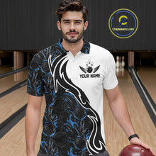Load image into Gallery viewer, Custom Black And Blue Flame Bowling Team Shirts, Bowling League Shirt Men Bowling Jersey IPHW10545