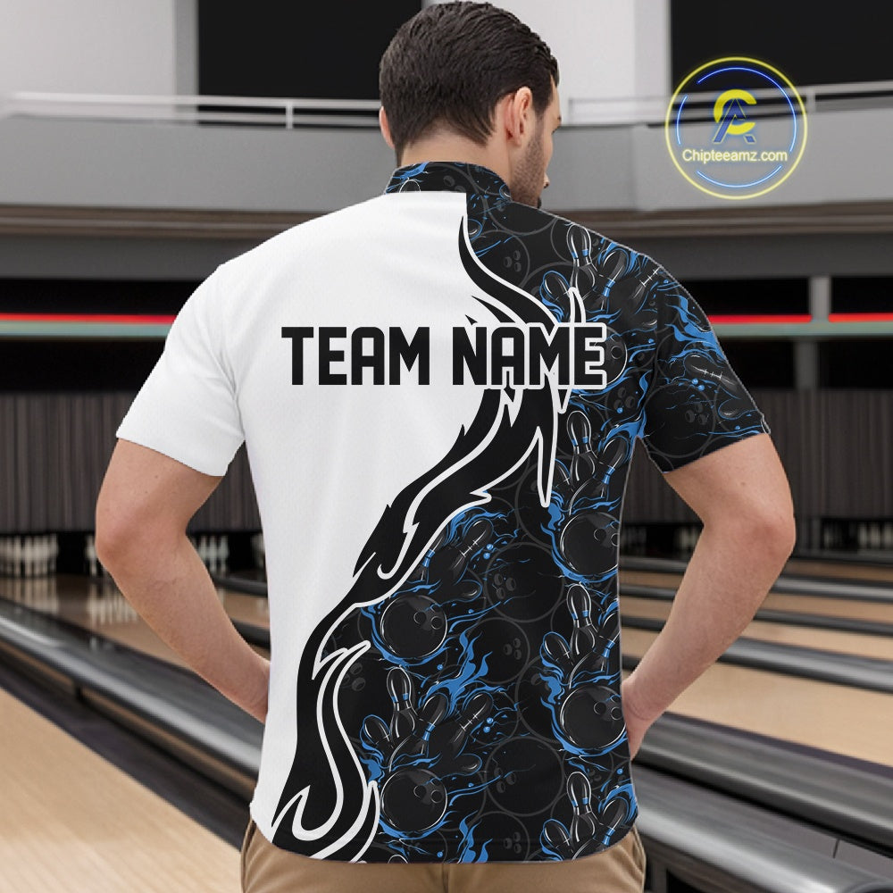Custom Black And Blue Flame Bowling Team Shirts, Bowling League Shirt Men Bowling Jersey IPHW10545