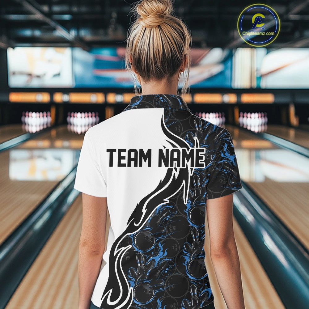 Custom Black And Blue Flame Bowling Team Shirts, Bowling League Shirt Women Jersey IPHW10545
