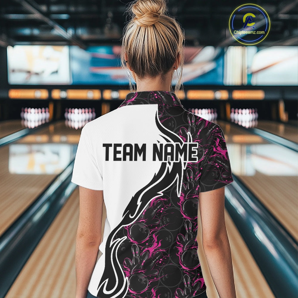 Custom Black And Pink Flame Bowling Team Shirts, Bowling League Shirt Women Bowling Jersey IPHW10546