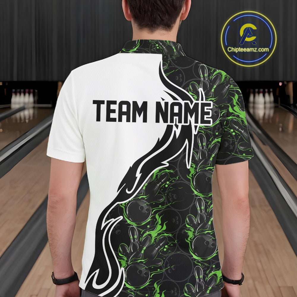 Custom Black And Green Flame Bowling Team Shirts, Bowling League Shirt Men Bowling Jersey IPHW10547