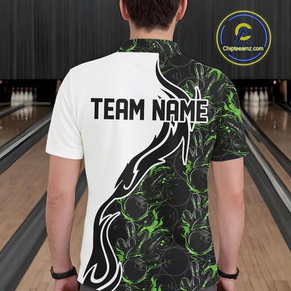 Custom Black And Green Flame Bowling Team Shirts, Bowling League Shirt Men Bowling Jersey IPHW10547