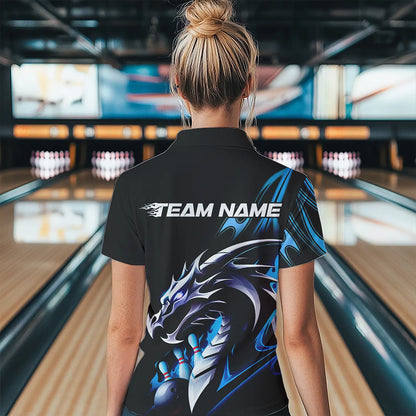 Custom Black And Blue Flame Dragon Bowling Women Quarter-Zip Shirts, Bowling League Shirt IPHW8702