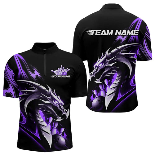 Custom Black And Purple Flame Dragon Bowling Quarter-Zip Shirts For Men, Bowling League Shirt IPHW8704