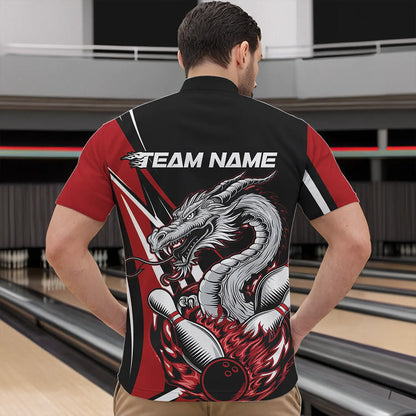 Custom Black And Red Flame Dragon Bowling Jerseys, Dragon Men Bowling Team Quarter-Zip Shirts IPHW8710