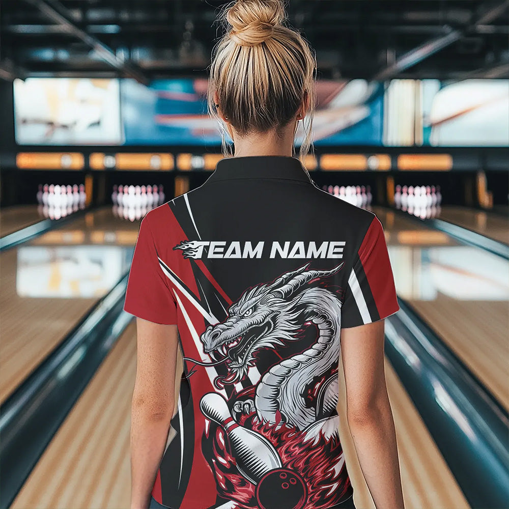 Custom Black And Red Flame Dragon Bowling Jerseys, Women Bowling Team Quarter-Zip Shirts IPHW8710