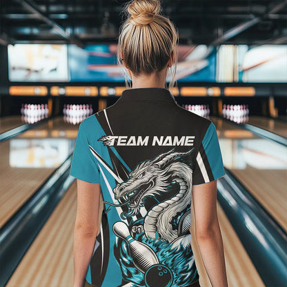 Custom Black And Blue Flame Dragon Bowling Jerseys Women Bowling Team Quarter-Zip Shirts IPHW8712