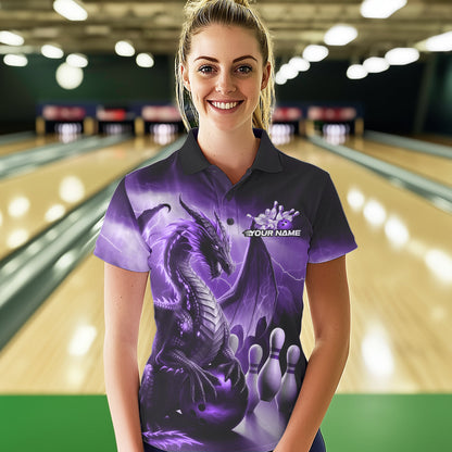 Custom Purple Thunder Lightning Dragon Bowling Polo Shirts For Women, Bowling Team Uniform IPHW8951