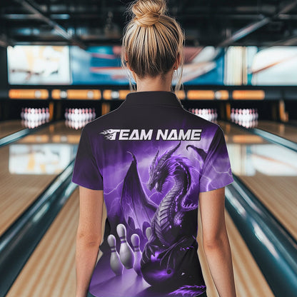 Custom Purple Thunder Lightning Dragon Bowling Polo Shirts For Women, Bowling Team Uniform IPHW8951