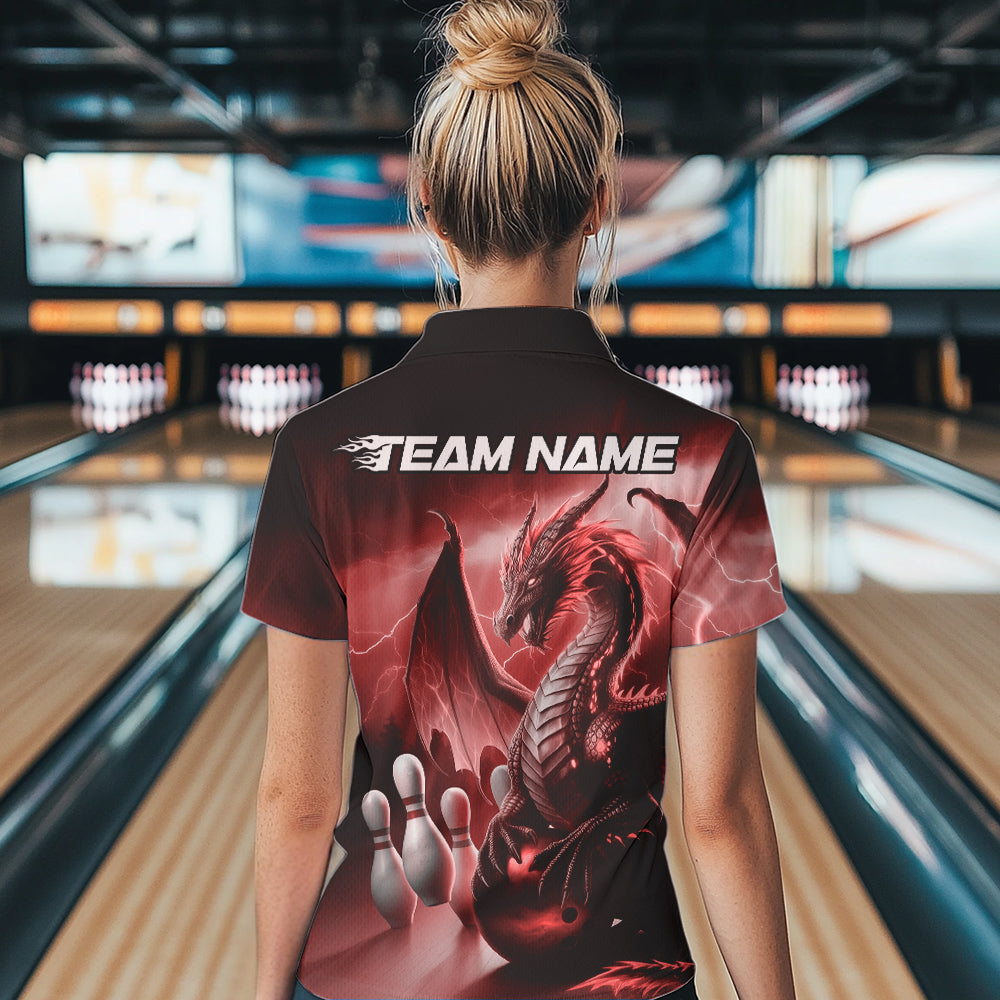 Custom Red Thunder Lightning Dragon Bowling Polo Shirts For Women, Bowling Team Uniform IPHW8952