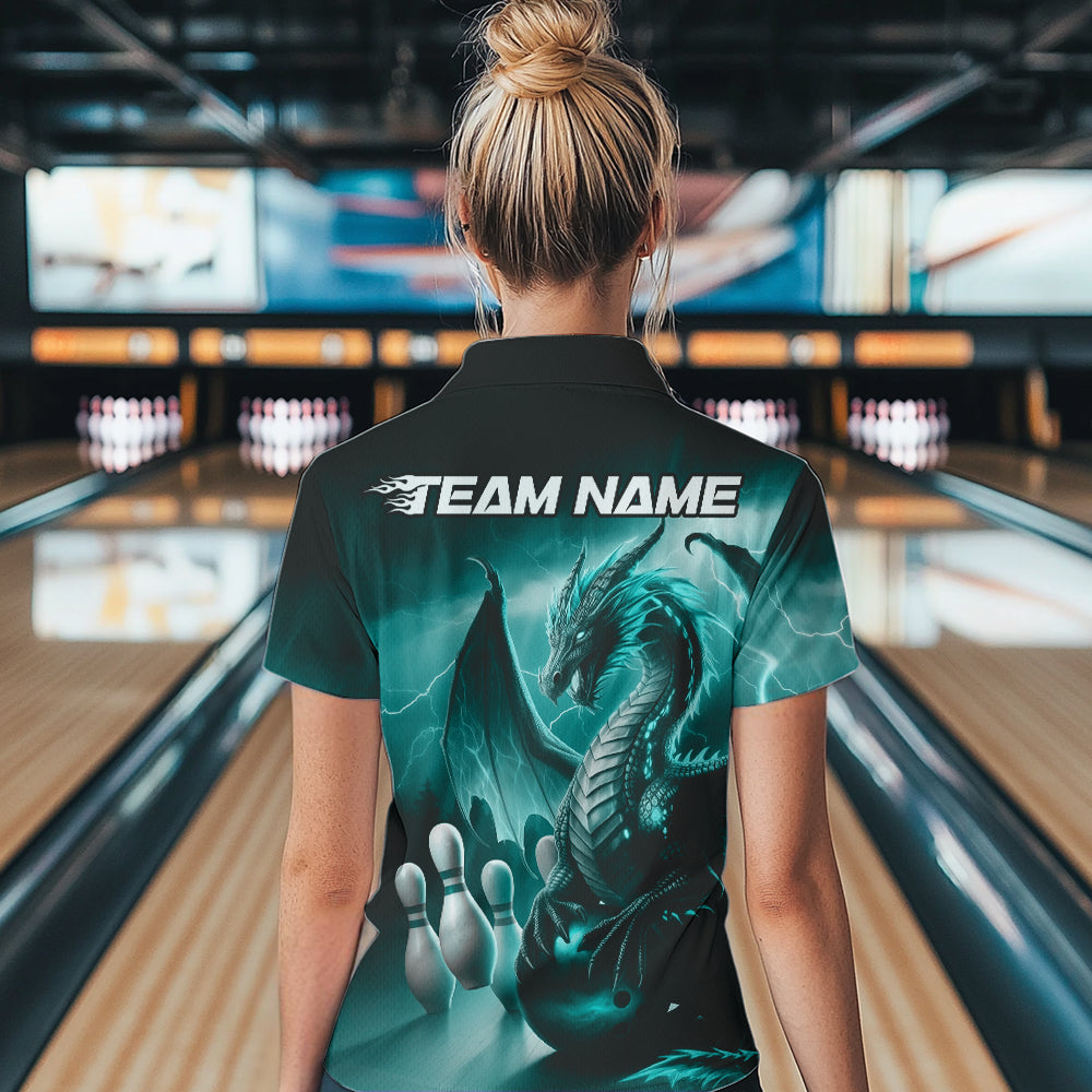 Custom Turquoise Blue Thunder Lightning Dragon Bowling Polo Shirts For Women, Team Uniform IPHW8953
