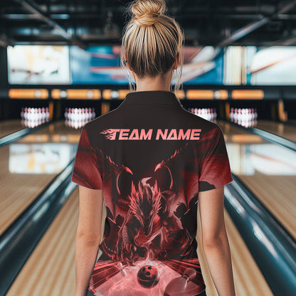 Custom Black And Red Dragon Bowling Jerseys, Dragon Bowling Team Polo Shirts For Women IPHW8955