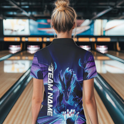 Custom Blue And Purple Dragon Bowling Polo Shirts For Women, Dragon Bowling League Shirt IPHW8958