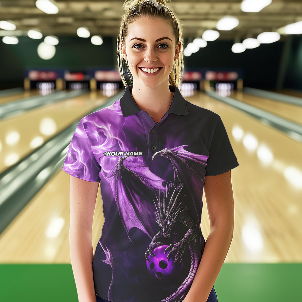 Custom Black And Purple Flame Dragon Bowling Polo Shirt For Women, Dragon Bowling Jerseys IPHW8963
