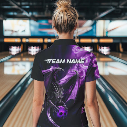 Custom Black And Purple Flame Dragon Bowling Polo Shirt For Women, Dragon Bowling Jerseys IPHW8963