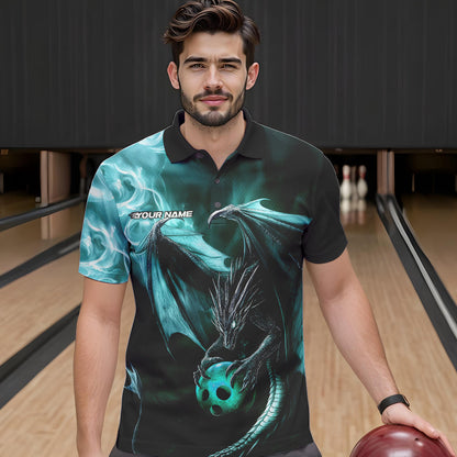 Custom Black And Blue Flame Dragon Bowling Polo Shirts For Men, Dragon Bowling Jerseys IPHW8964