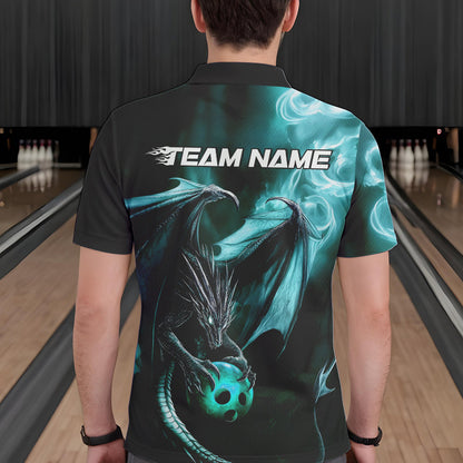 Custom Black And Blue Flame Dragon Bowling Polo Shirts For Men, Dragon Bowling Jerseys IPHW8964