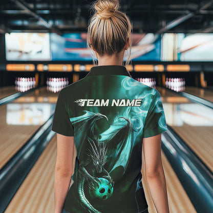 Custom Black And Blue Flame Dragon Bowling Polo Shirts For Women, Dragon Bowling Jerseys IPHW8964