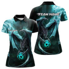 Load image into Gallery viewer, Custom Black And Blue Flame Dragon Bowling Polo Shirts For Women, Dragon Bowling Jerseys IPHW8964