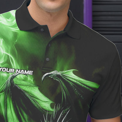 Custom Black And Green Flame Dragon Bowling Polo Shirts For Men, Dragon Bowling Jerseys IPHW8965