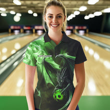 Load image into Gallery viewer, Custom Black And Green Flame Dragon Bowling Polo Shirts For Women, Dragon Bowling Jerseys IPHW8965