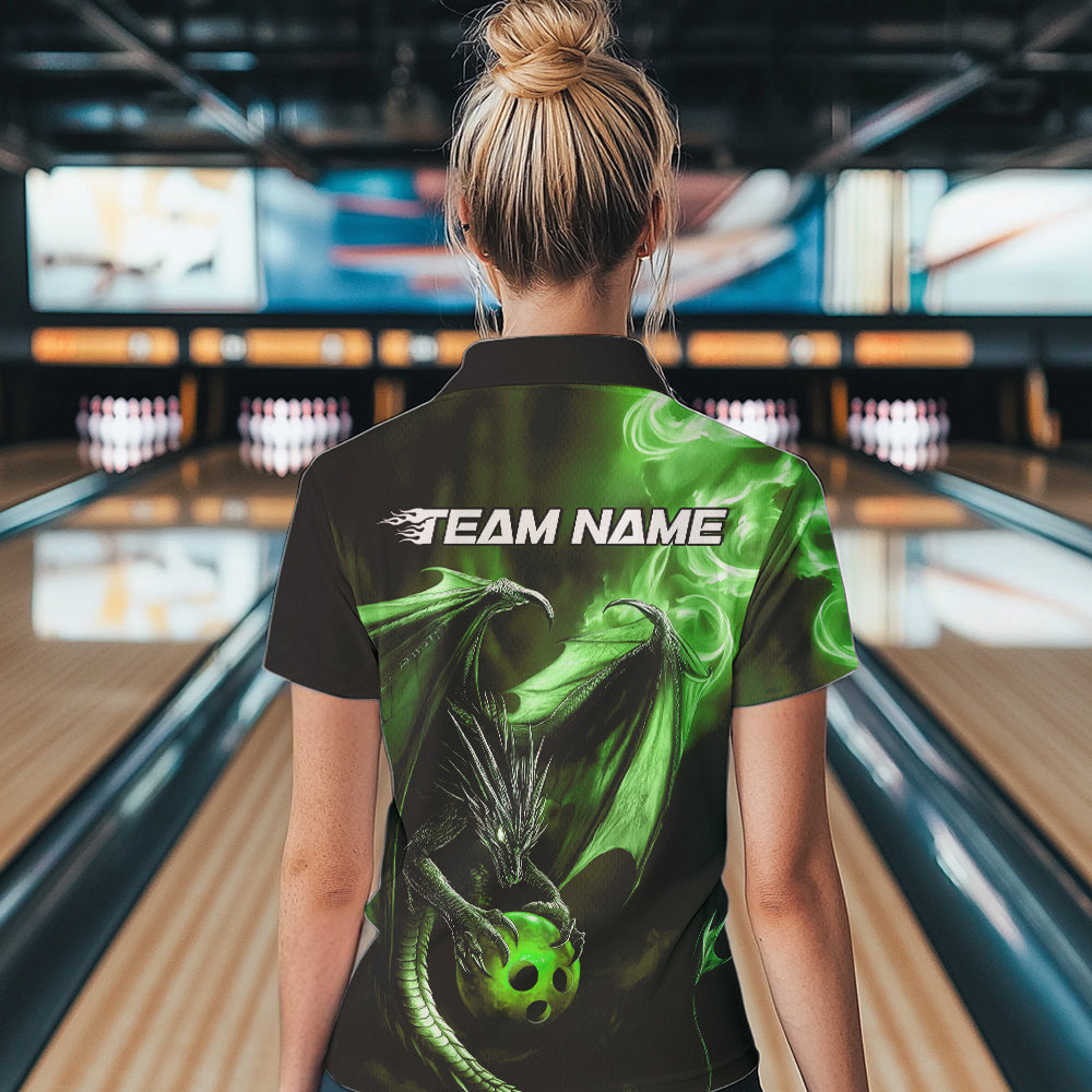 Custom Black And Green Flame Dragon Bowling Polo Shirts For Women, Dragon Bowling Jerseys IPHW8965