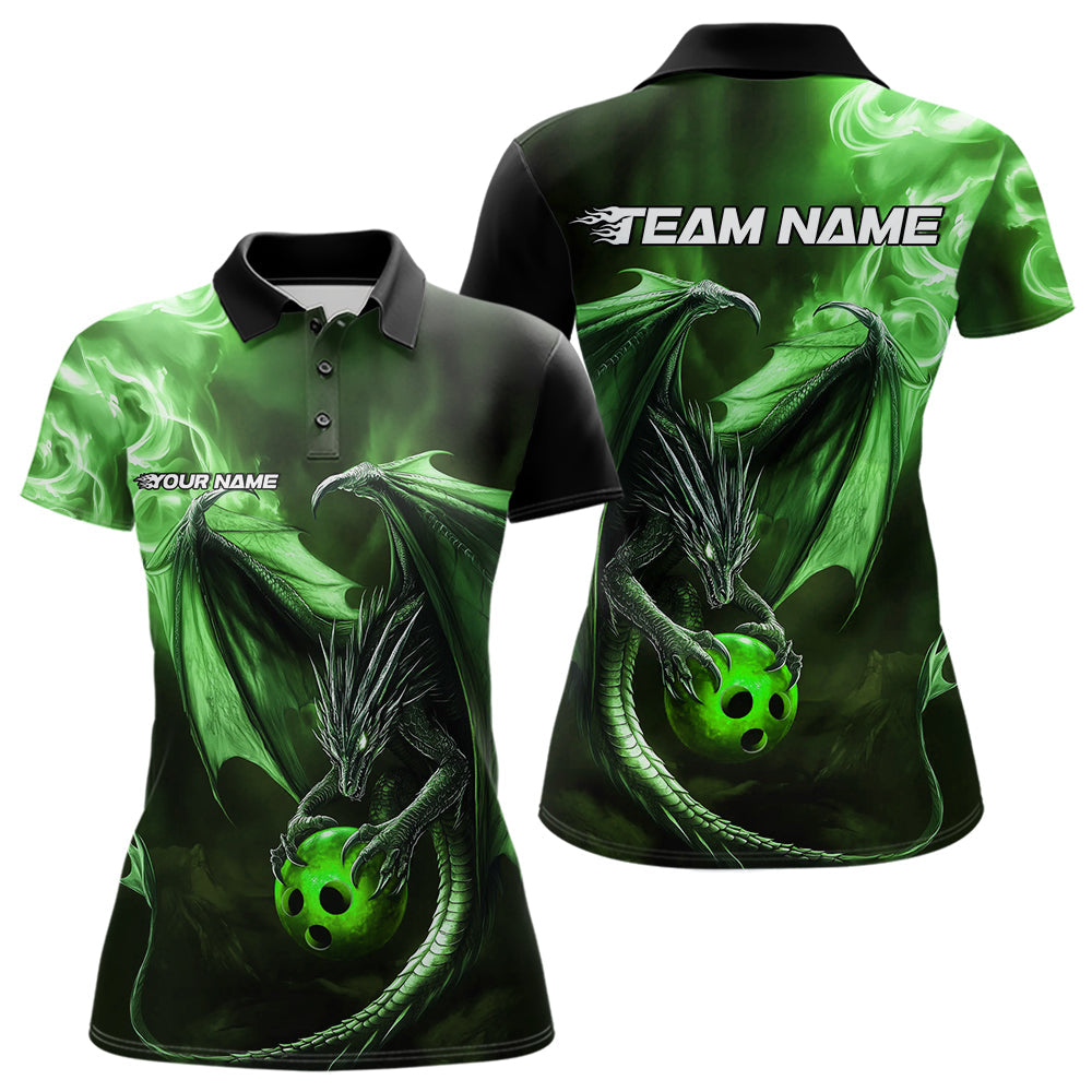 Custom Black And Green Flame Dragon Bowling Polo Shirts For Women, Dragon Bowling Jerseys IPHW8965