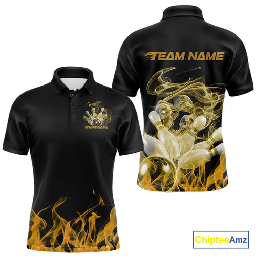 Custom Yellow Skull Smoke Bowling Team Men Polo Shirts, Halloween Bowling Outfit IPHW9776
