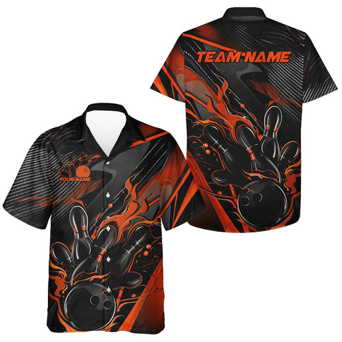Custom Black And Orange Flame Bowling Team Men And Women Hawaiian Shirts, Fire Bowling Jerseys IPHW9780