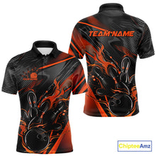 Load image into Gallery viewer, Custom Black And Orange Flame Bowling Team Men Polo Shirts, Fire Bowling Jerseys IPHW9780