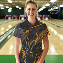 Load image into Gallery viewer, Custom Black And Yellow Flame Bowling Team Women Polo Shirts, Fire Bowling Jerseys IPHW9781