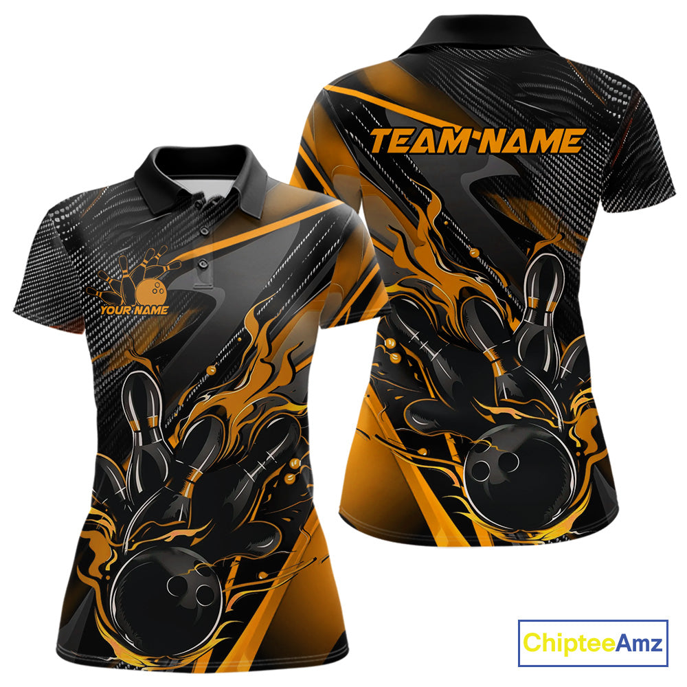 Custom Black And Yellow Flame Bowling Team Women Polo Shirts, Fire Bowling Jerseys IPHW9781