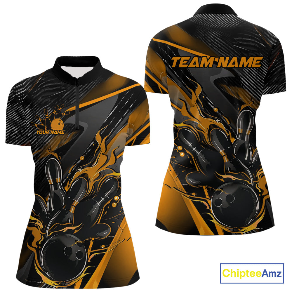 Custom Black And Yellow Flame Bowling Team Women Quarter-Zip Shirts, Fire Bowling Jerseys IPHW9781