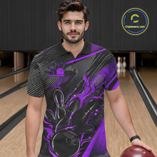 Load image into Gallery viewer, Custom Black And Purple Flame Bowling Team Men Polo Shirts, Fire Bowling Jerseys IPHW9782