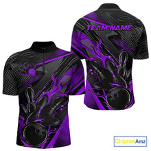 Load image into Gallery viewer, Custom Black And Purple Flame Bowling Team Men Quarter-Zip Shirts, Fire Bowling Jerseys IPHW9782
