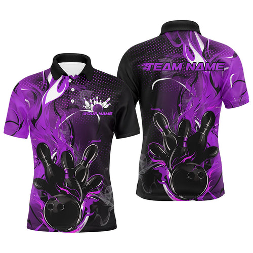 Black And Purple Custom Flame Bowling Polo Shirts For Men, Fire Bowling Team Shirt IPHW8238