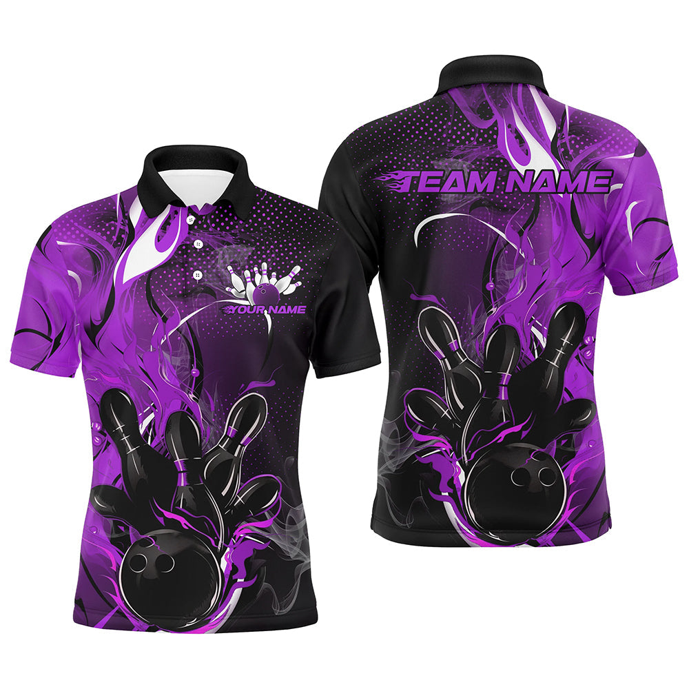 Black And Purple Custom Flame Bowling Polo Shirts For Men, Fire Bowling Team Shirt IPHW8238