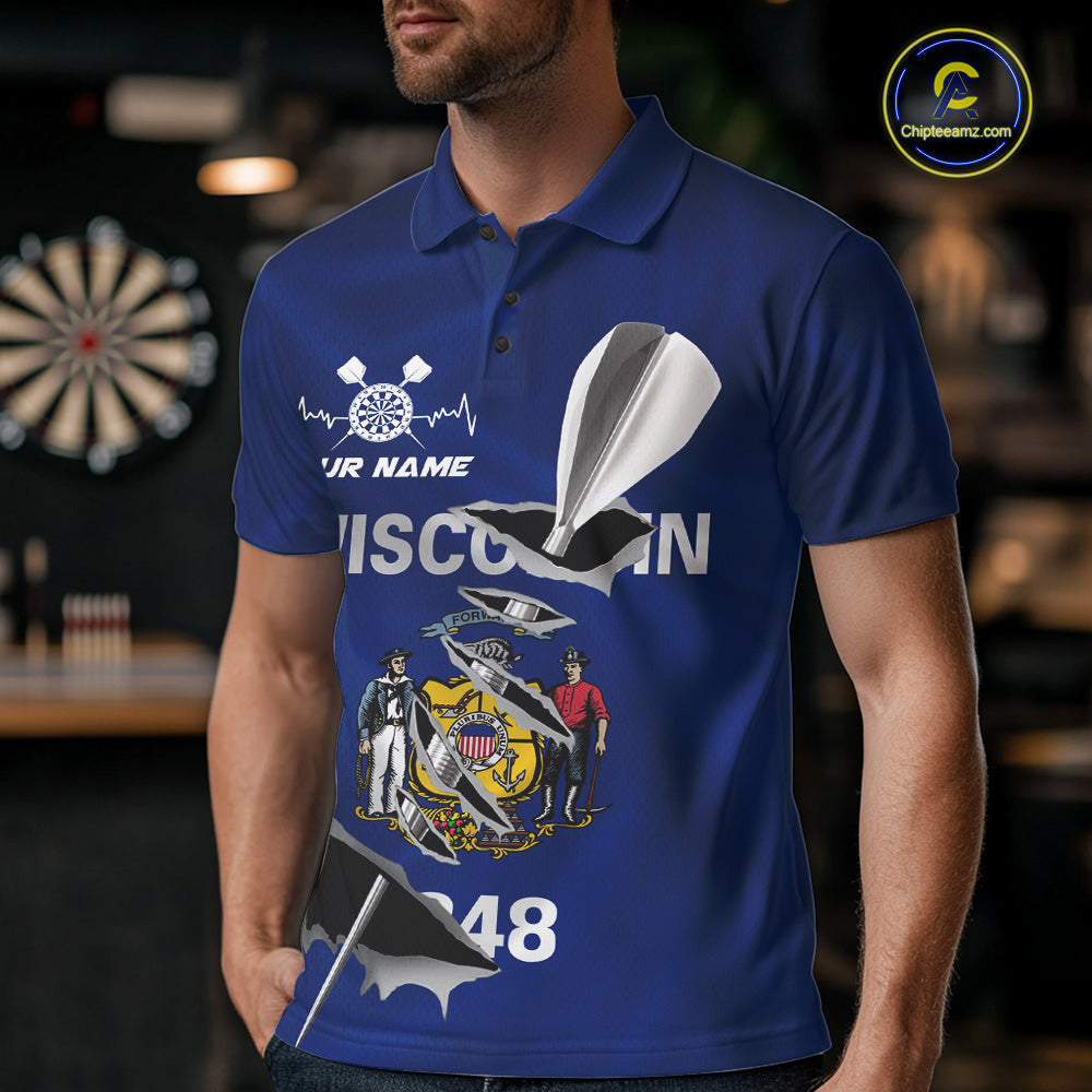 Custom Wisconsin State Flag Silver Dart Steel Tip Dart Men Polo Shirt, Dart Team Jerseys IPHW10560