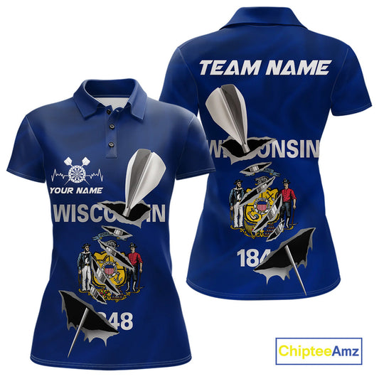 Custom Wisconsin State Flag Silver Dart Steel Tip Dart Women Polo Shirt, Dart Team Jerseys IPHW10560