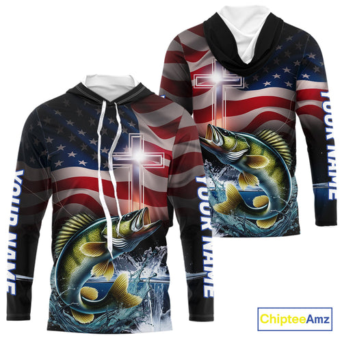 Custom Patrotic Walleye Long Sleeve Hooded Fishing Shirts, Faith Walleye Fishing Shirt IPHW9205