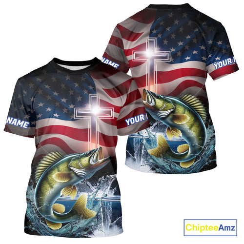Custom Patrotic Walleye Fishing T-Shirts, Faith Walleye Fishing T-Shirt IPHW9205