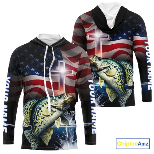 Custom Patrotic Crappie Long Sleeve Hooded Fishing Shirts, Faith Crappie Fishing Shirt IPHW9206