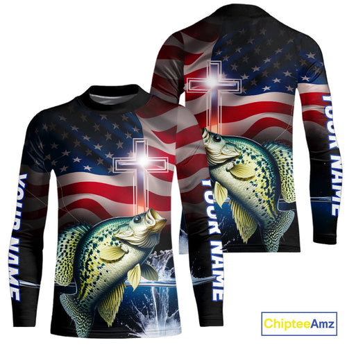 Custom Patrotic Crappie Kid Long Sleeve Fishing Shirts, Faith Crappie Fishing Shirt IPHW9206